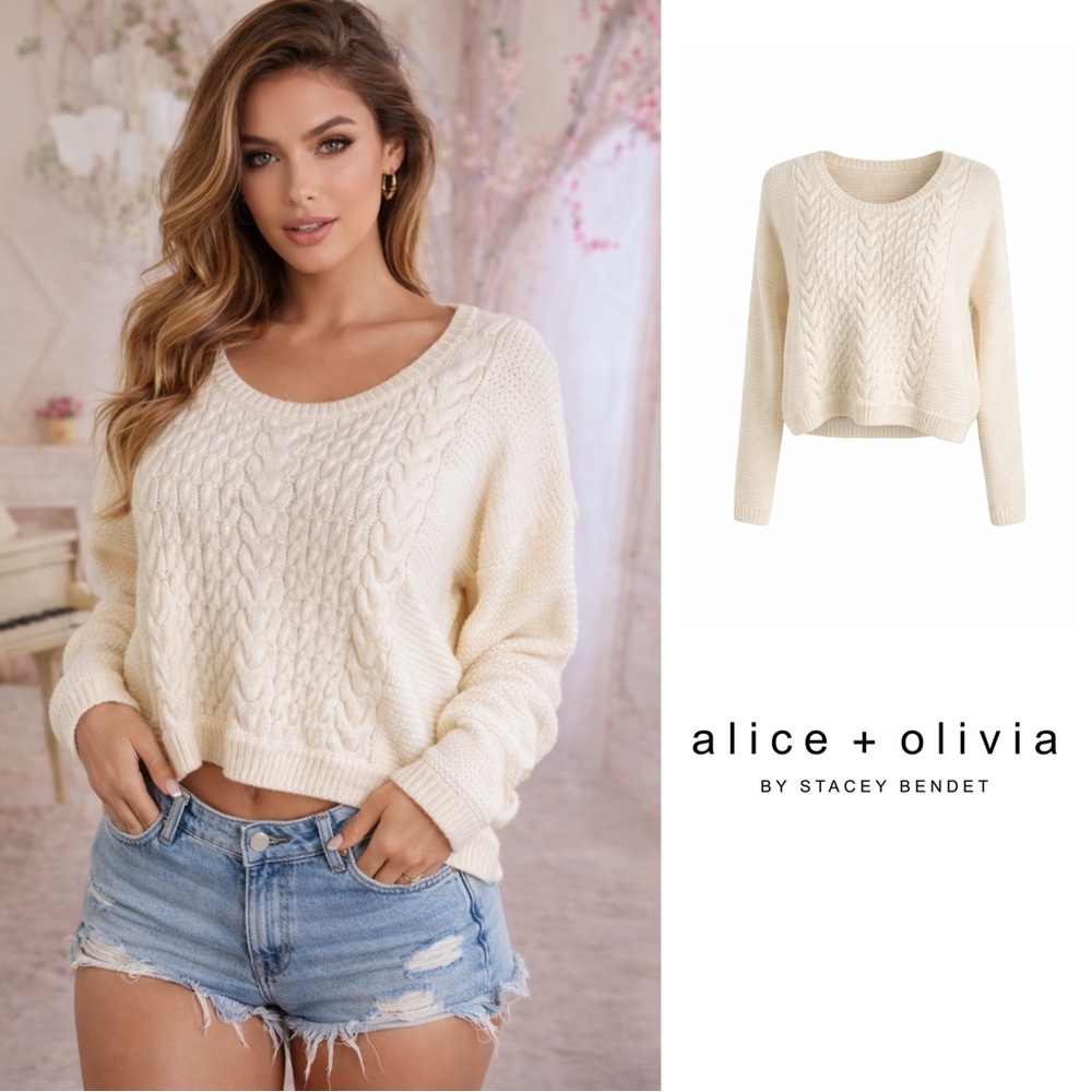 Alice + Olivia Scoop Neck Open Weave Cable Knit Sweater